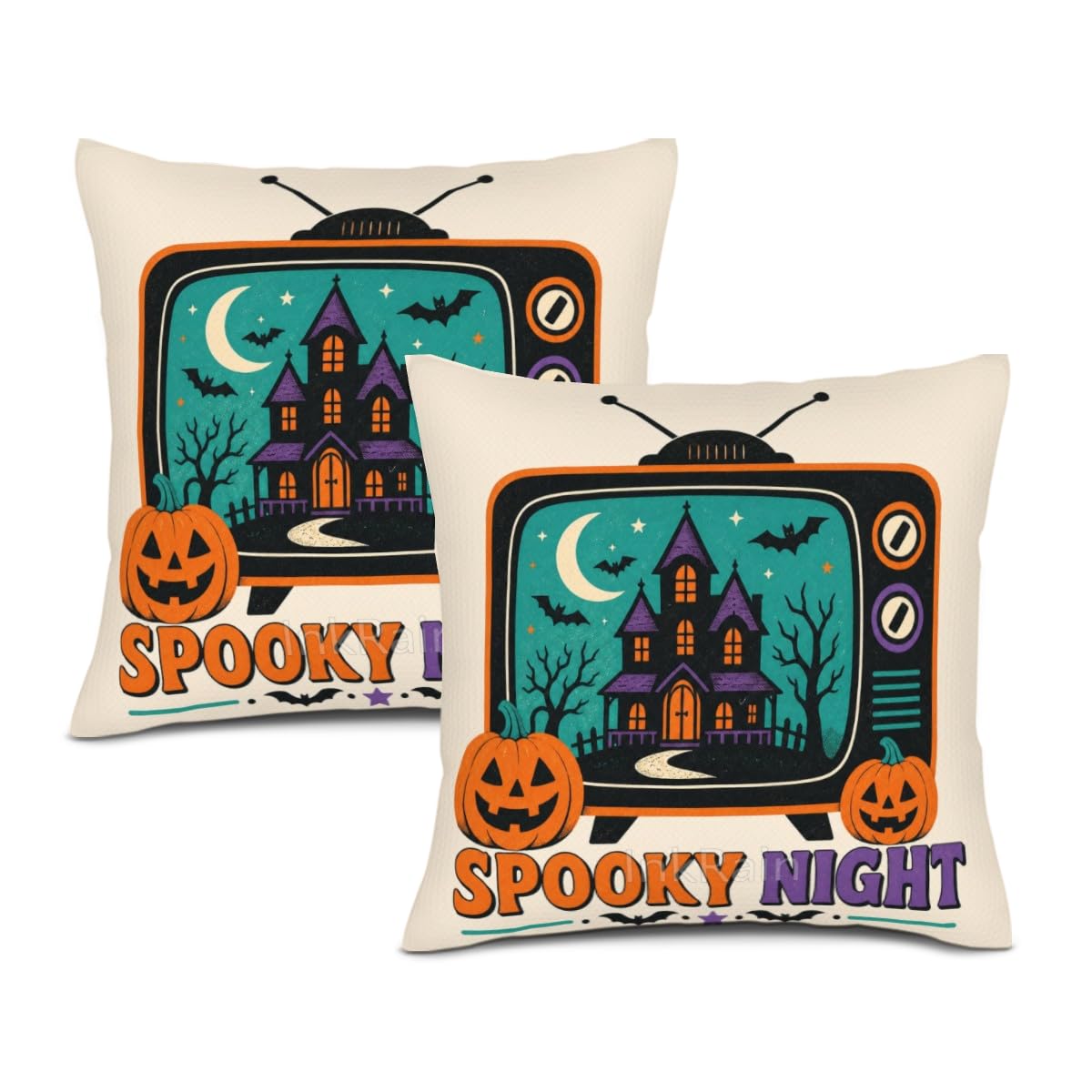 InkRain Halloween Pillow Cover Fresh Pumpkin Stack Moon Graphic Scene 26x26 Inch Set of 2 Cotton Linen Double Sided Whimsical Square Throw Cushion Case House Seat for Bay Window Seat Decor