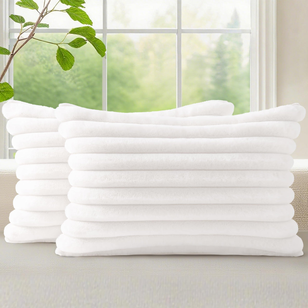 decorUhome Fall Faux Fur Throw Pillow Covers 12x20 Set of 2 Cream White