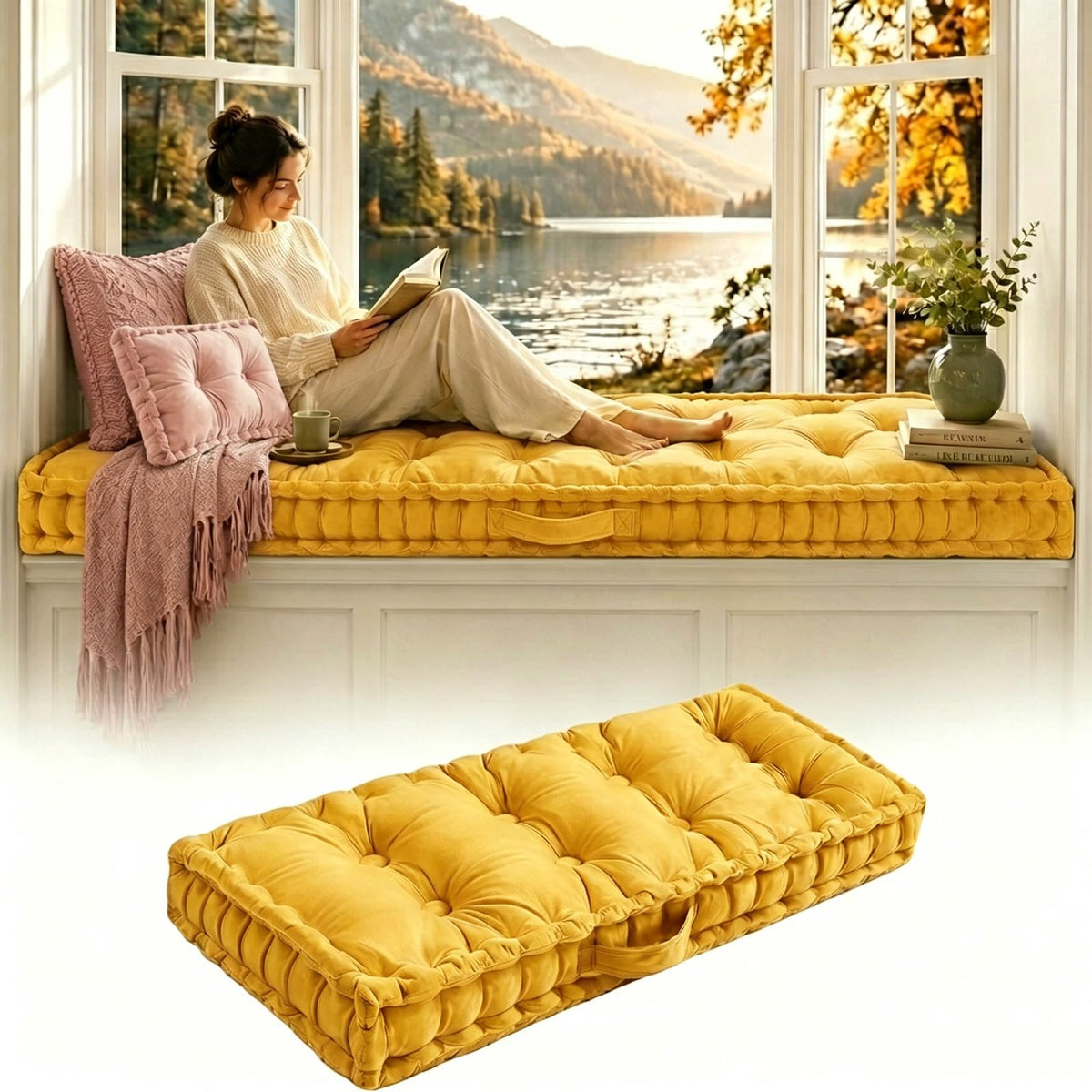 Custom Bench Cushions for Indoor Furniture, Velvet Window Seat Cushion Indoor, Tufted Bay Window Cushion, Thick Memory Foam Pad for Dining Bench, Porch Swing Cushions