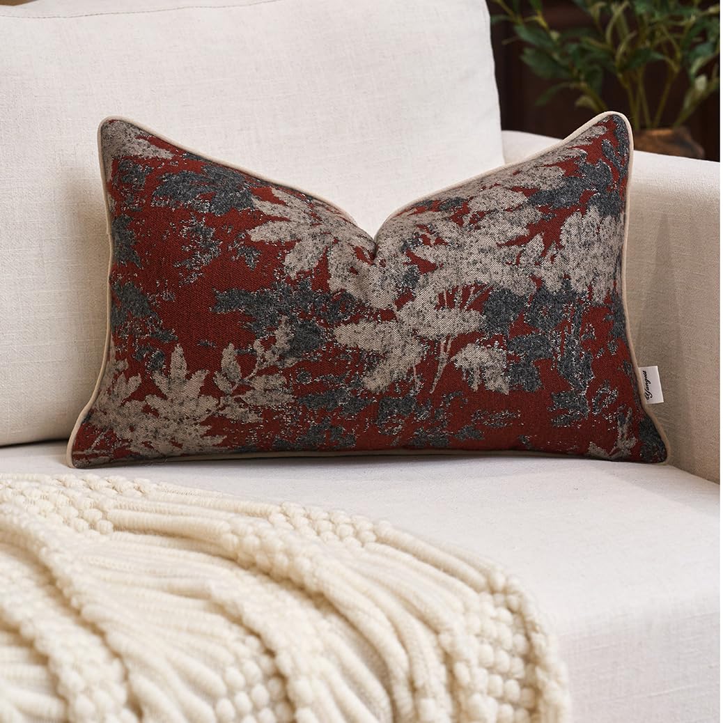 Yangest Neutral Leaf Pillow Cover 18 x18 Inches, Vintage Chenille Square Throw Pillow Cover Soft Leaves Nature Accent Couch Pillow Cover for Living Room Bedroom, Grey