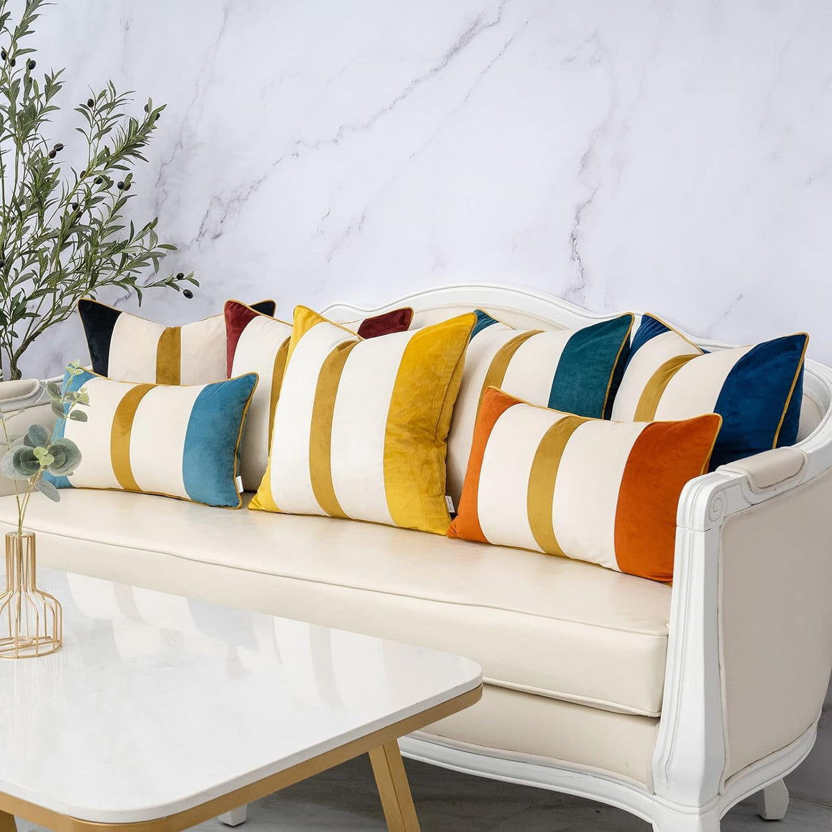 Yangest Navy Blue Patchwork Throw Pillow Cover Striped Velvet Cushion Case Modern Neutral Pillowcase for Sofa Couch Bedroom Living Room Home Decor,18x18 Inch