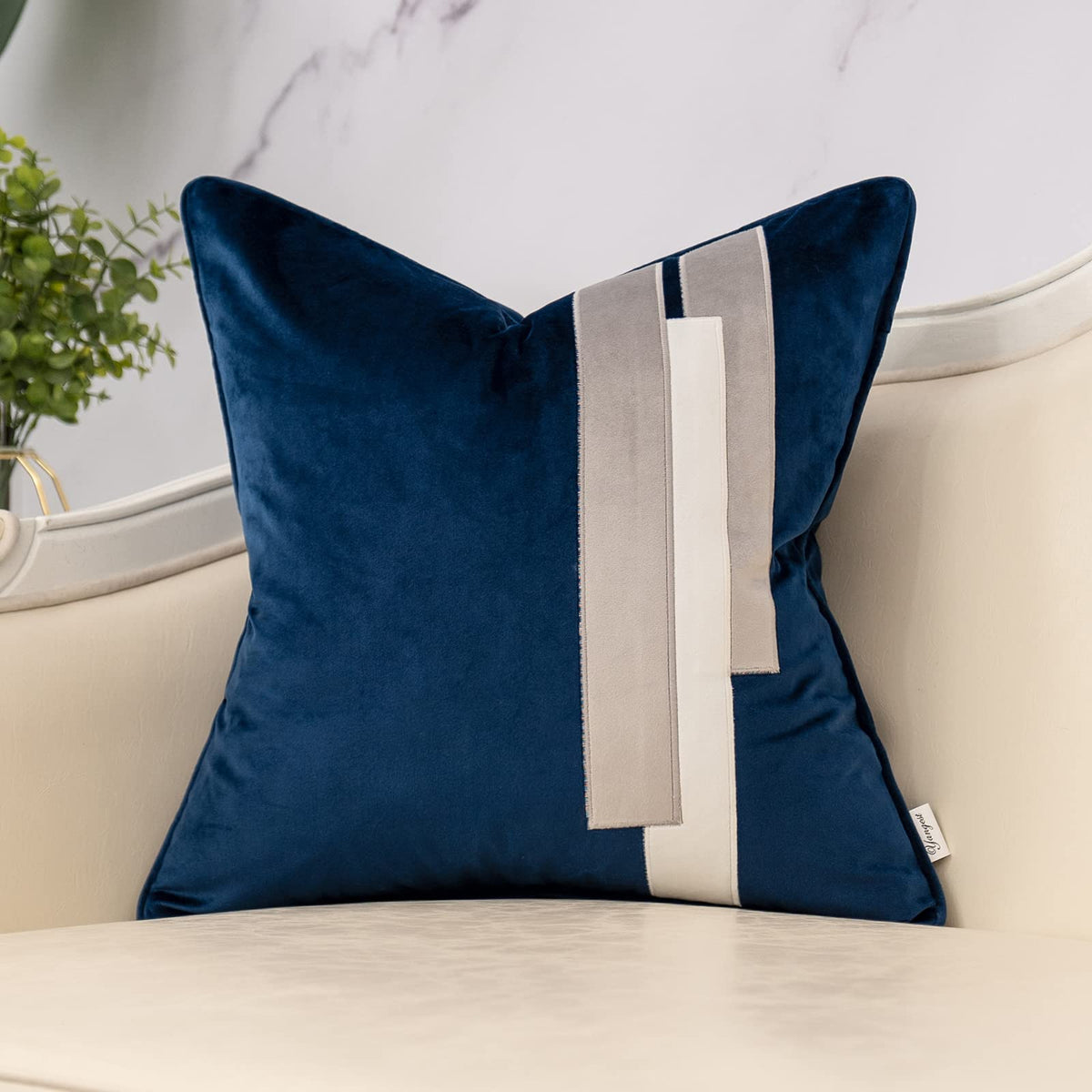 Yangest Navy Blue Decorative Velvet Lumbar Throw Pillow Cover Striped Patchwork Cushion Case Modern 12x20 Inch Pillowcase for Sofa Couch Bedroom Living Room Home Decor