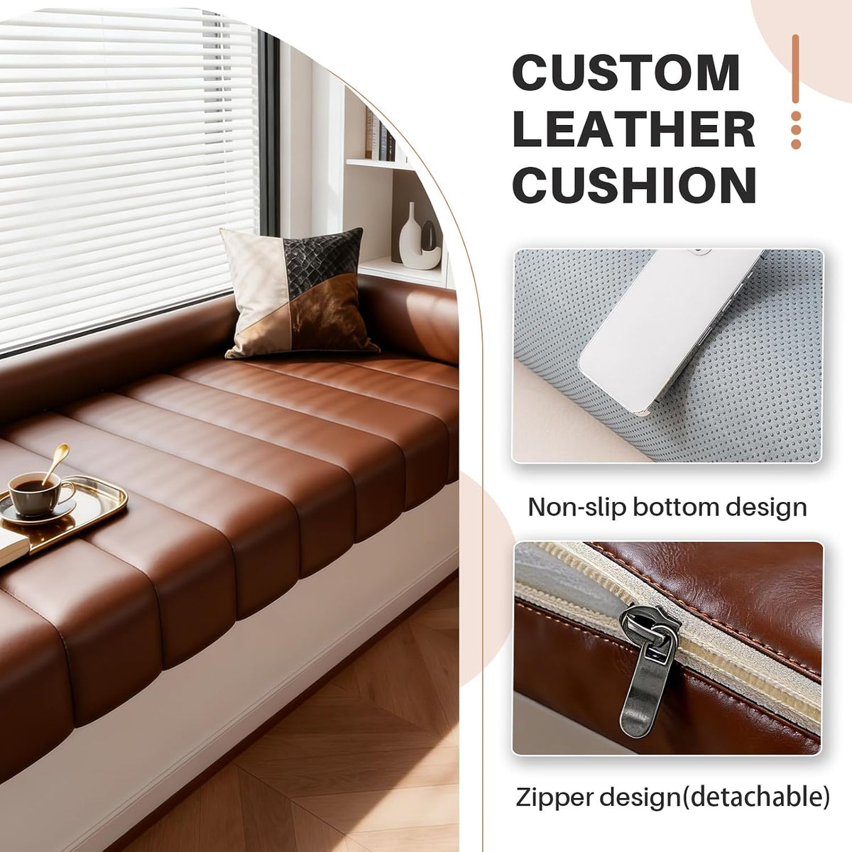 Custom Window Seat Cushions Indoor, Oil Wax/PU Leather Bay Window Cushion, Waterproof Bench Cushions for Indoor Furniture, 75D High-Resilience Foam, Non Slip Bottom