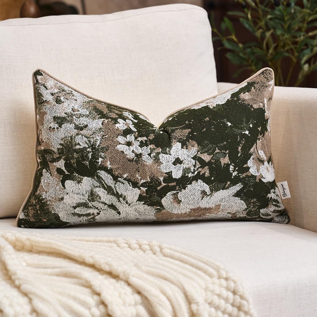 Yangest Neutral Flower Pillow Cover 12 x 20 Inches, Nature Chenille Rectangle Throw Pillow Cover Soft Luxury Accent Couch Pillow Cover for Living Room Bedroom, Green
