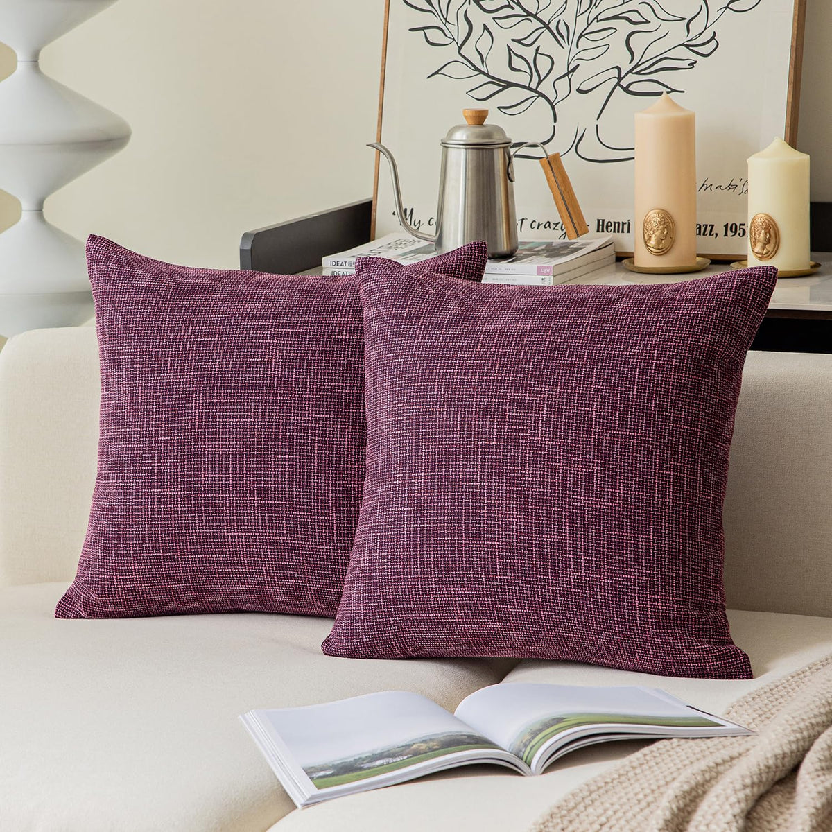 Kevin Textile Set of 2 Decorative Pillows Covers for Couch Star Faux Linen Sofa Pillows Cover 26 x 26 inch, 66x66cm, Cream Beige