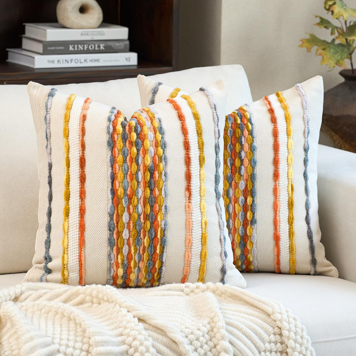 Aeckself Boho Chenille Tufted Throw Pillow Covers 18x18 Inch Set of 2, Farmhouse Decorative Striped Square Pillow Covers Accent Neutral Pillowcase for Living Room Couch Bed, Green