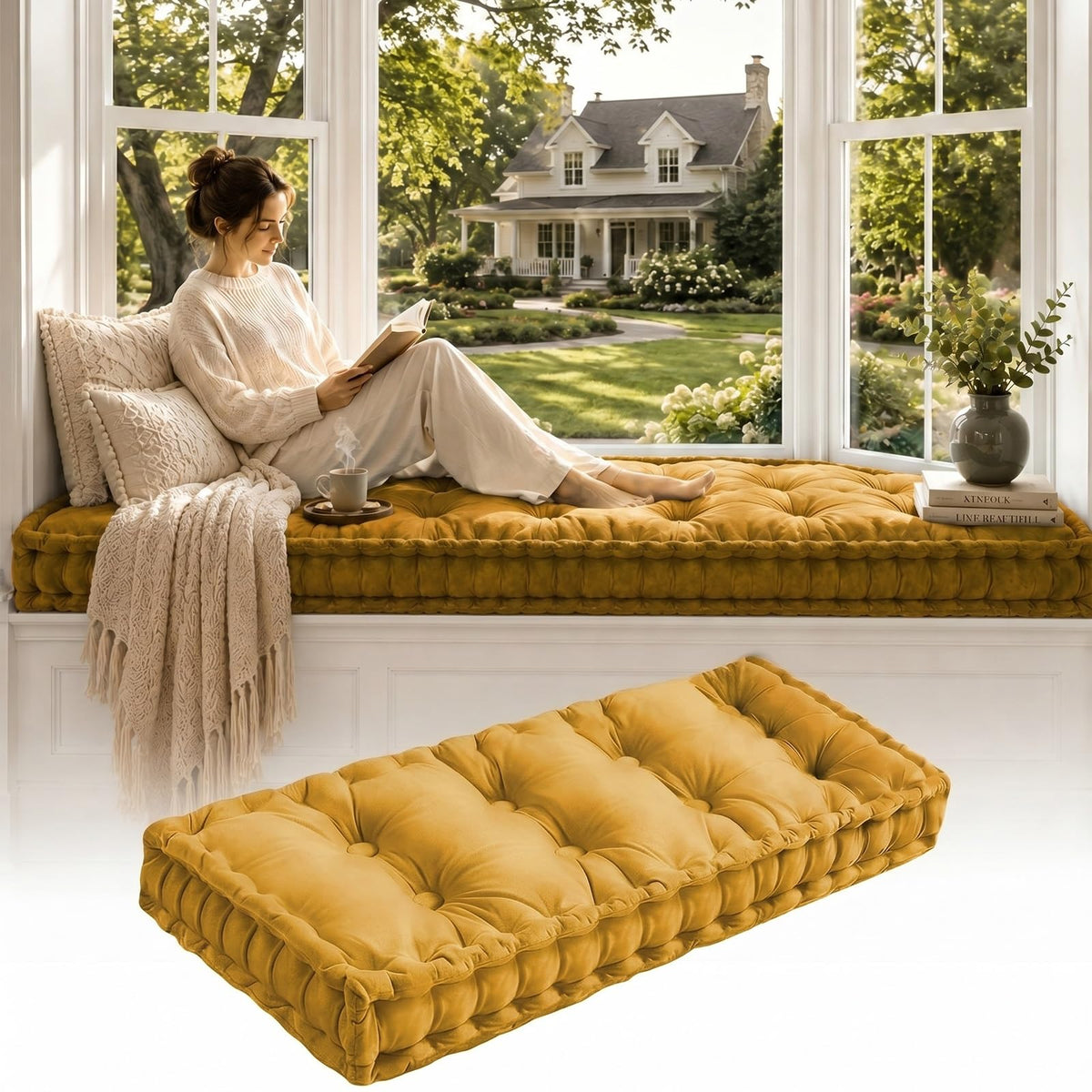 Non-Slip Bench Cushion, Velvet Bay Window Cushions Indoor, Window Seat Cushions, Tufted Bench Cushions for Indoor/Outdoor Furniture, French Floor Cushions with Handle(Dark Blue,63x14x4in)