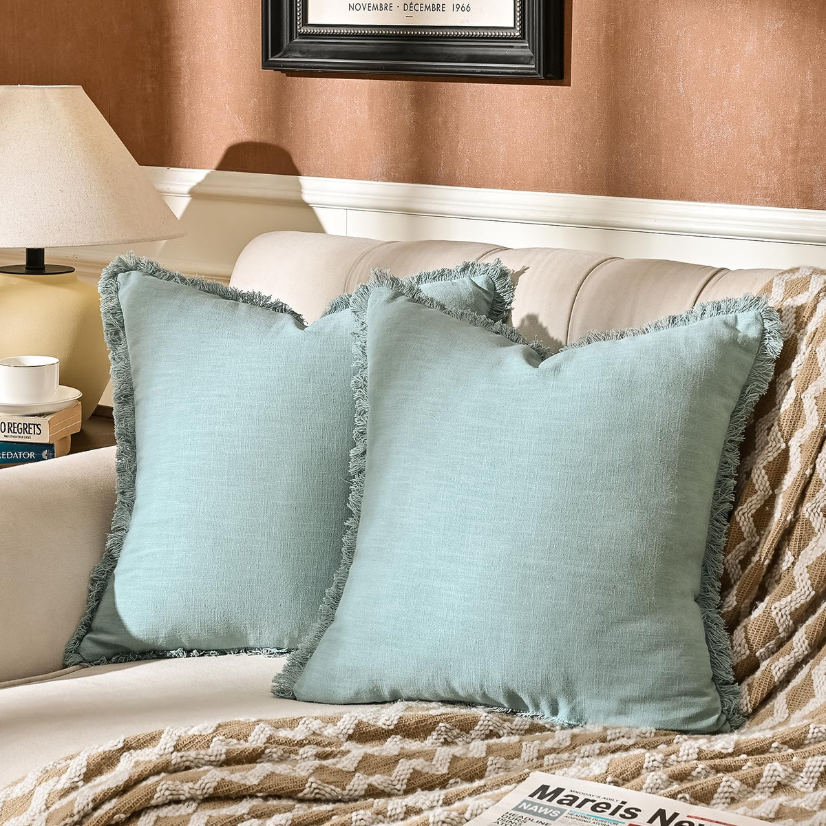 AmHoo Pack of 2 Linen Pillow Covers with Tassels Fringed Decorative Rustic Natural Throw Pillowcase Cushion for Couch Sofa Bedroom 18 x 18-Inch Navy Blue