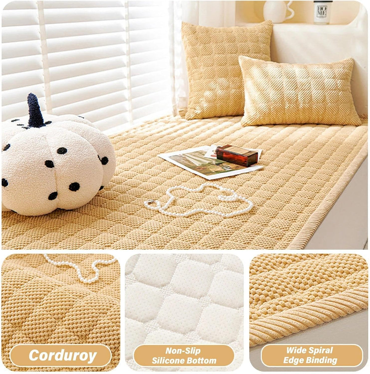 Customizable Corduroy Bay Window Mat, Non-Slip Window Seat Cushion for Any Shape, 0.4" Thick Indoor Bench Pad & Sofa Cover, Washable & Durable Multi-Use Mat(22" W x 75" L (55 x 190 cm))