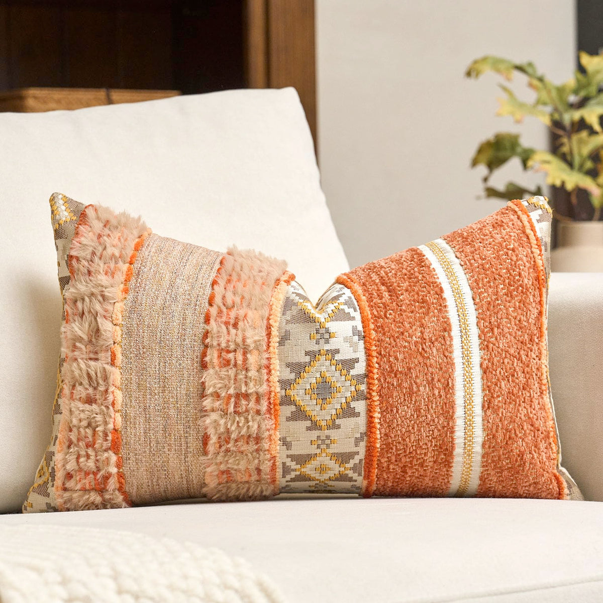 Gray Boho Striped Lumbar Throw Pillow Cover 12x20 Inch Farmhouse Woven Textured Pillow Cover Knitted Tufted Cushion Cover Neutral Pillowcase Home Decor for Sofa Couch Bedroom Living Room