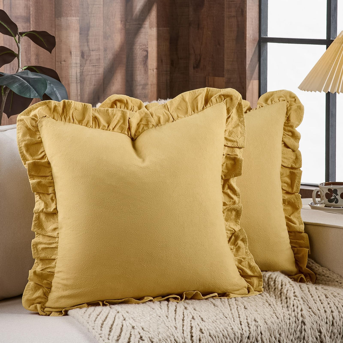AmHoo Pack of 2 Throw Pillow Covers 100% Cotton Pre Washed Ruffle Decorative Pillowcase Cushion for Couch Sofa Bedroom 24 x 24-Inch Cream White