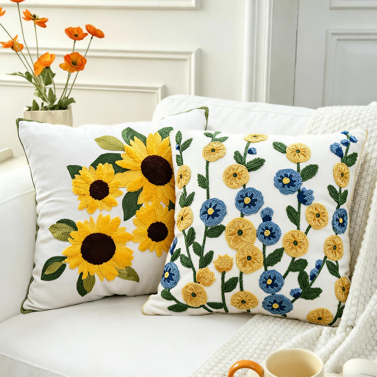 Embroidered Throw Pillow Cover 18"x18" Set of 2,Western Boho Blue Spring Floral Decorative Pillowcase Farmhouse Aesthetic Cushion Cover Pillow Case for Outdoor Couch Sofa