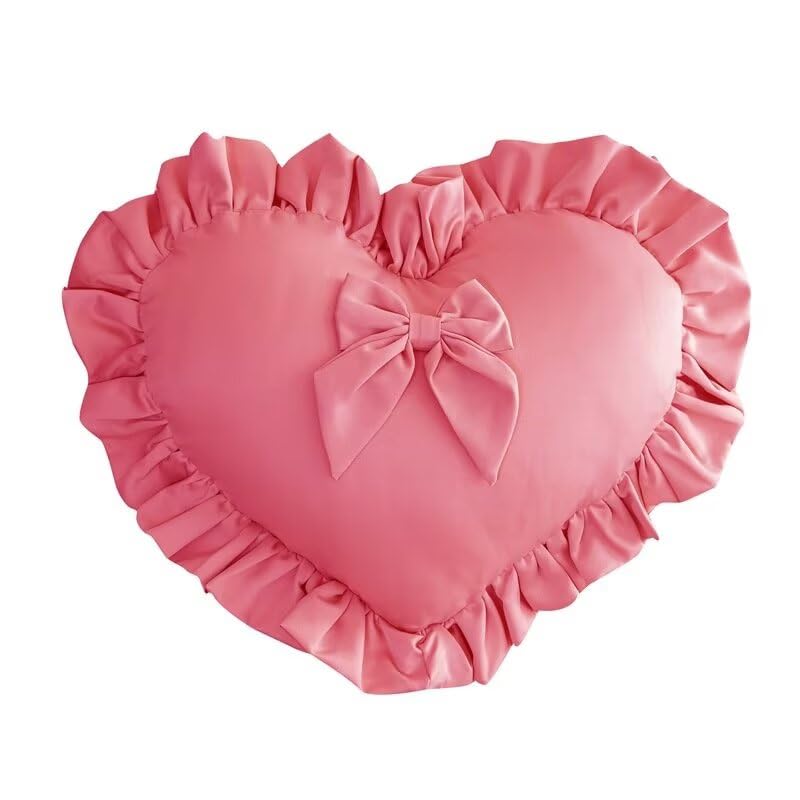 Heart Ruffled Throw Pillow,Satin Heart Throw Pillow Bow Pillows Wedding Gifts Pillows Decorative Cushion for Sofa Bed Bay Window 20×16 inch,White