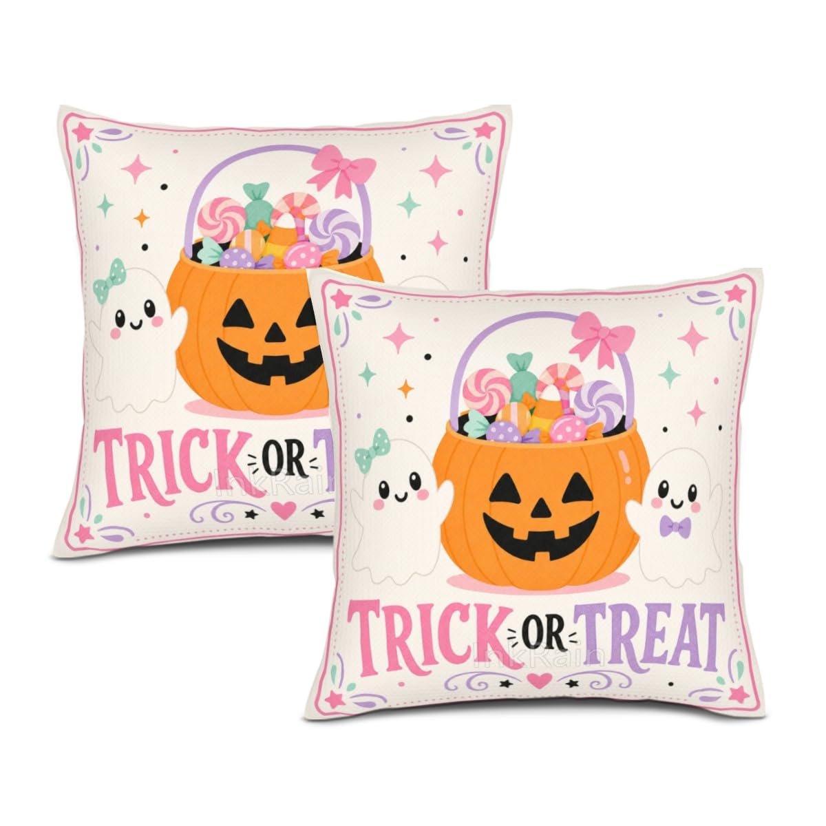 InkRain Halloween Pillow Cover Fresh Pumpkin Stack Moon Graphic Scene 26x26 Inch Set of 2 Cotton Linen Double Sided Whimsical Square Throw Cushion Case House Seat for Bay Window Seat Decor
