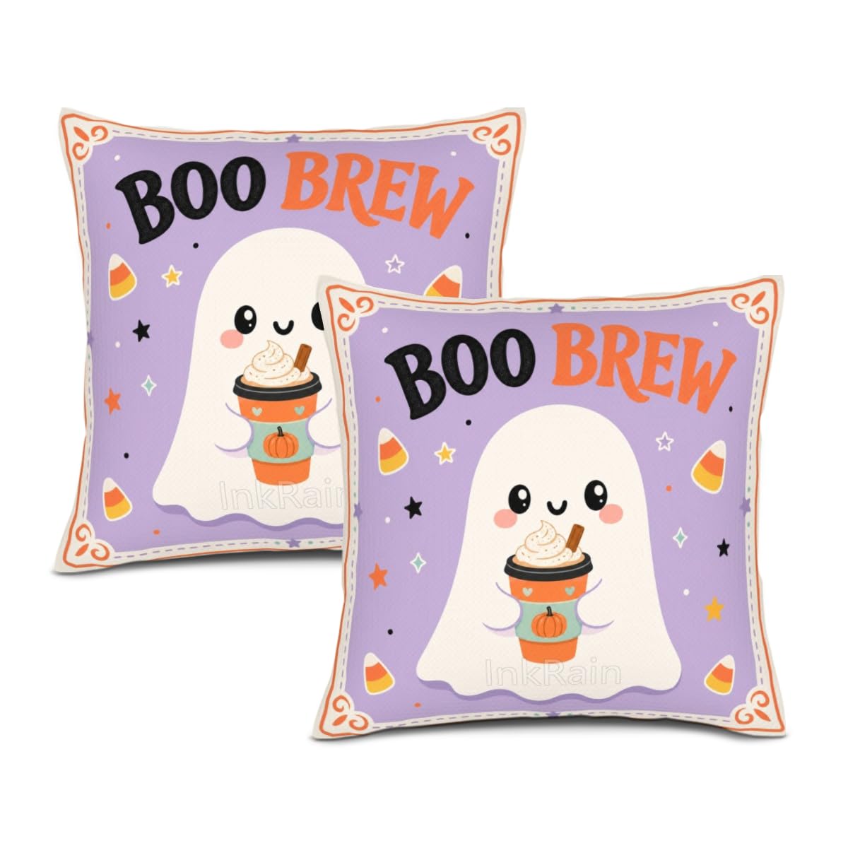 InkRain Halloween Pillow Cover Fresh Pumpkin Stack Moon Graphic Scene 26x26 Inch Set of 2 Cotton Linen Double Sided Whimsical Square Throw Cushion Case House Seat for Bay Window Seat Decor