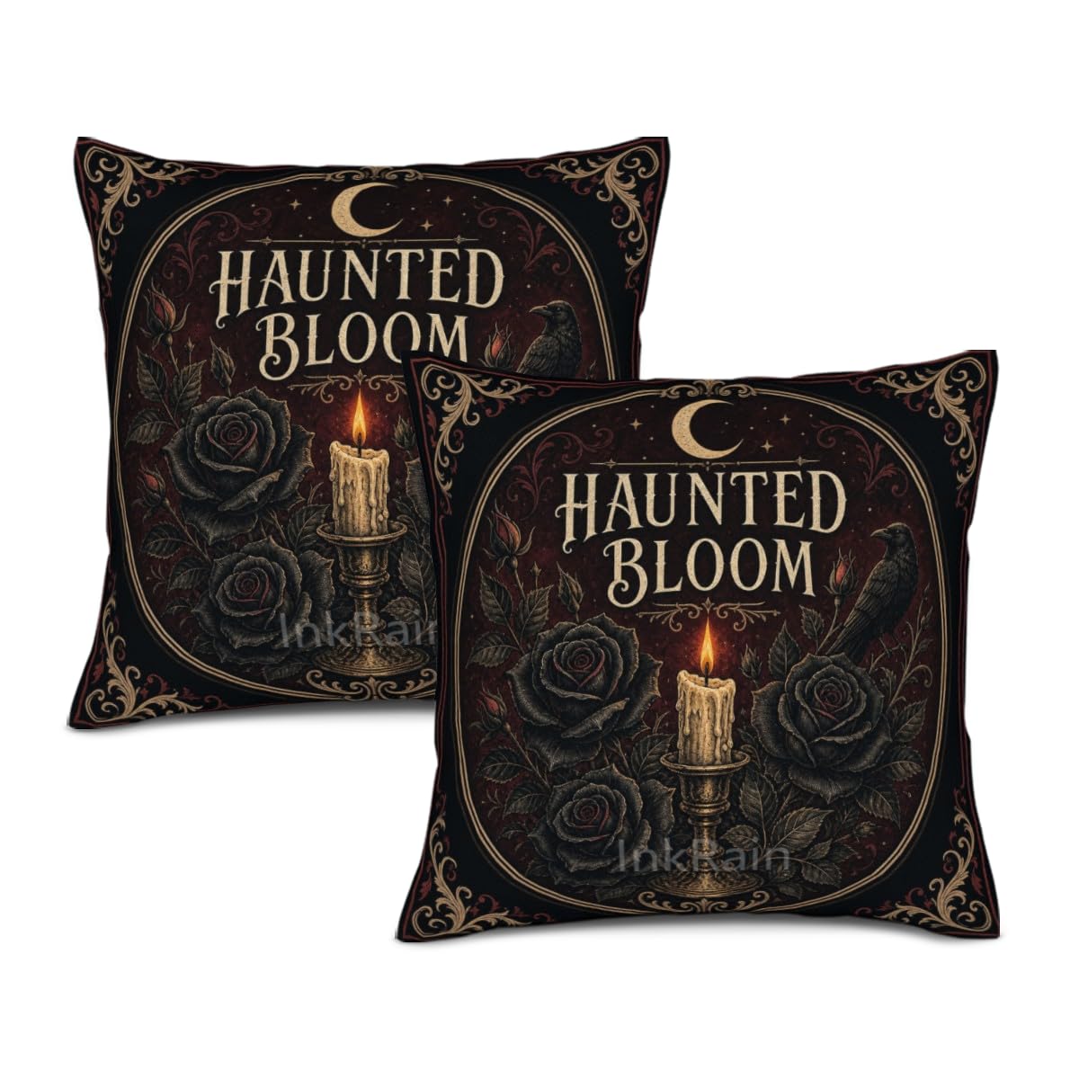 InkRain Halloween Pillow Cover Fresh Pumpkin Stack Moon Graphic Scene 26x26 Inch Set of 2 Cotton Linen Double Sided Whimsical Square Throw Cushion Case House Seat for Bay Window Seat Decor