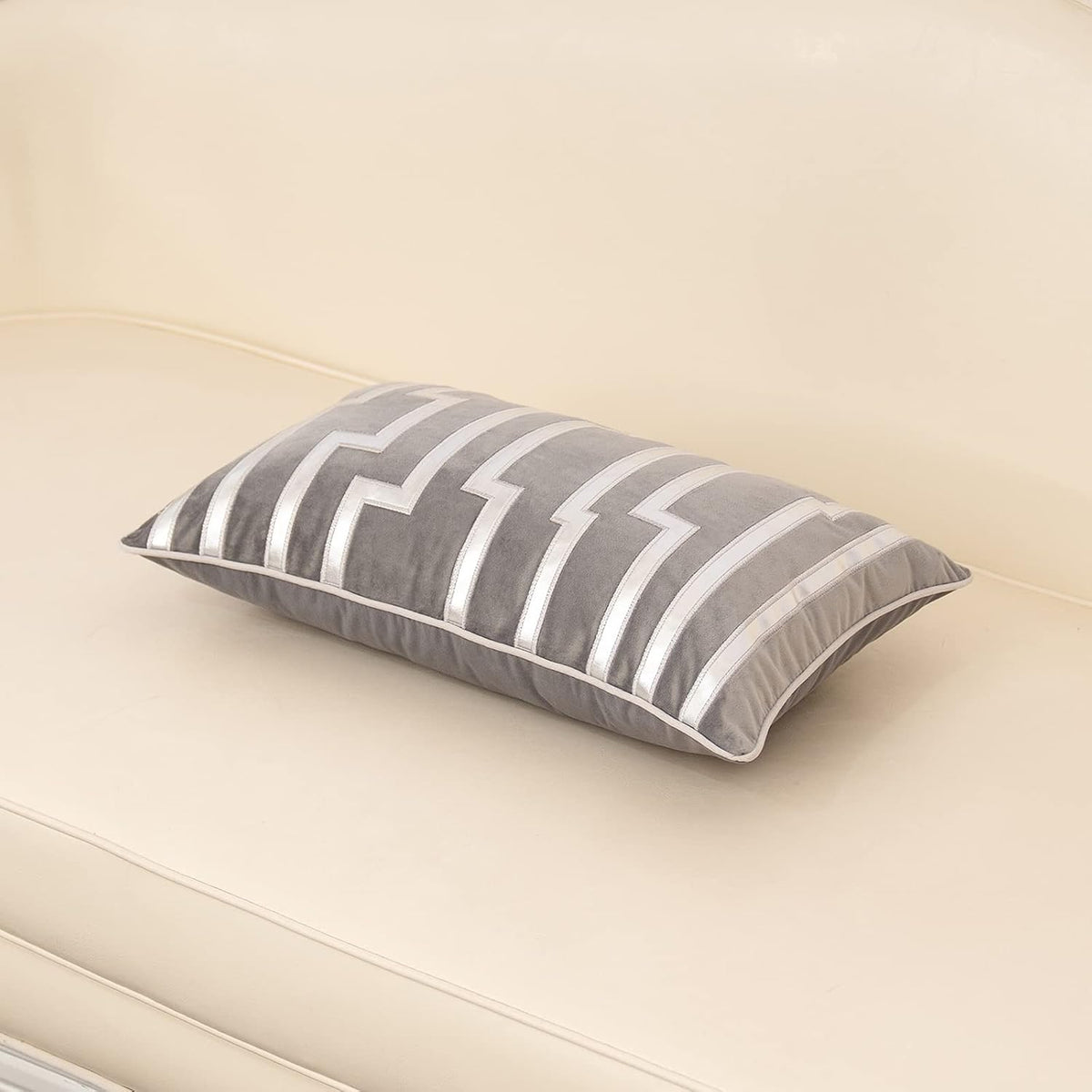 Alerfa Geometric Gold Leather Striped Throw Pillow Cover 12x20 Inch, Luxury Velvet Embroidered Decorative Lumbar Pillow Cover for Couch Living Room Bedroom, Gray