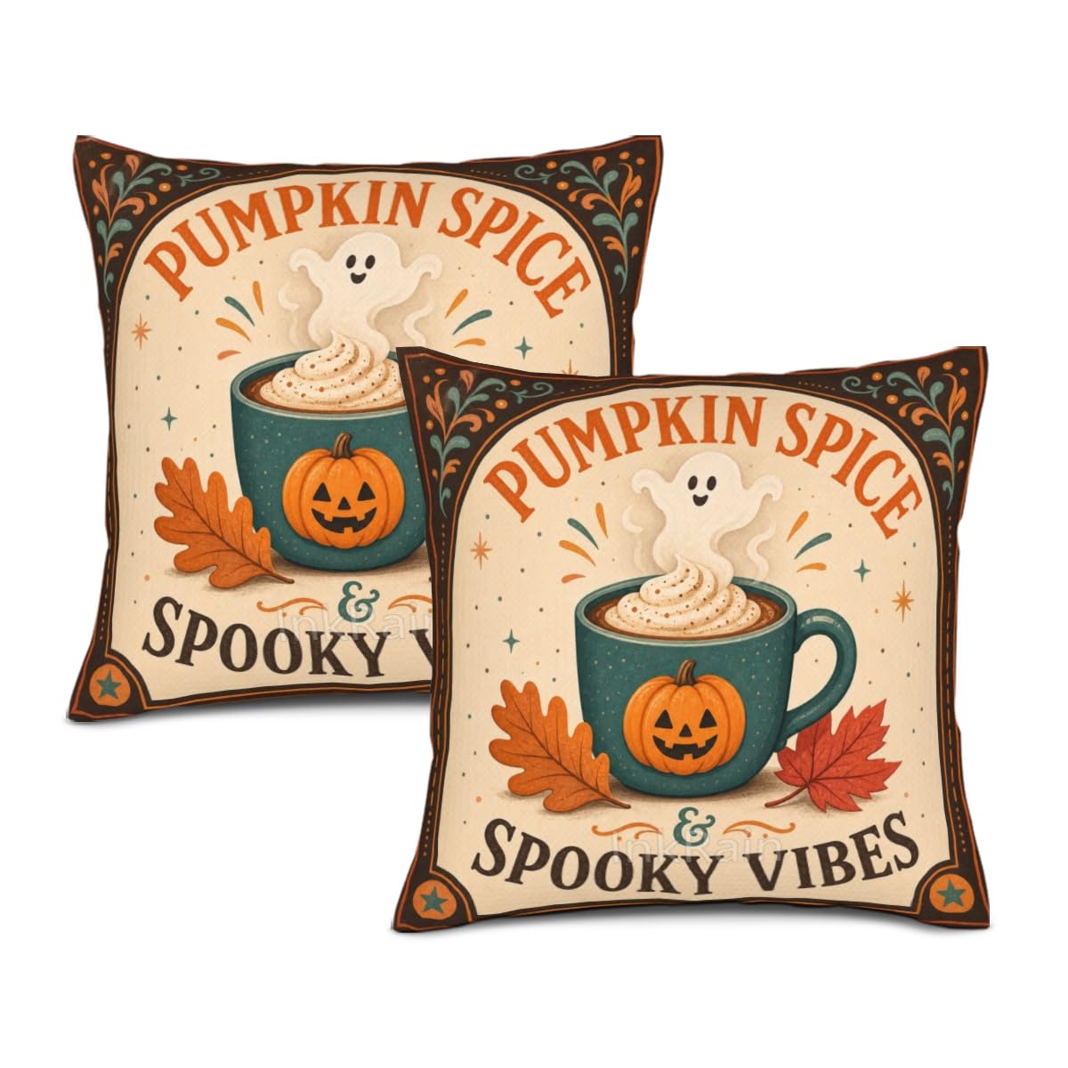 InkRain Halloween Pillow Cover Fresh Pumpkin Stack Moon Graphic Scene 26x26 Inch Set of 2 Cotton Linen Double Sided Whimsical Square Throw Cushion Case House Seat for Bay Window Seat Decor
