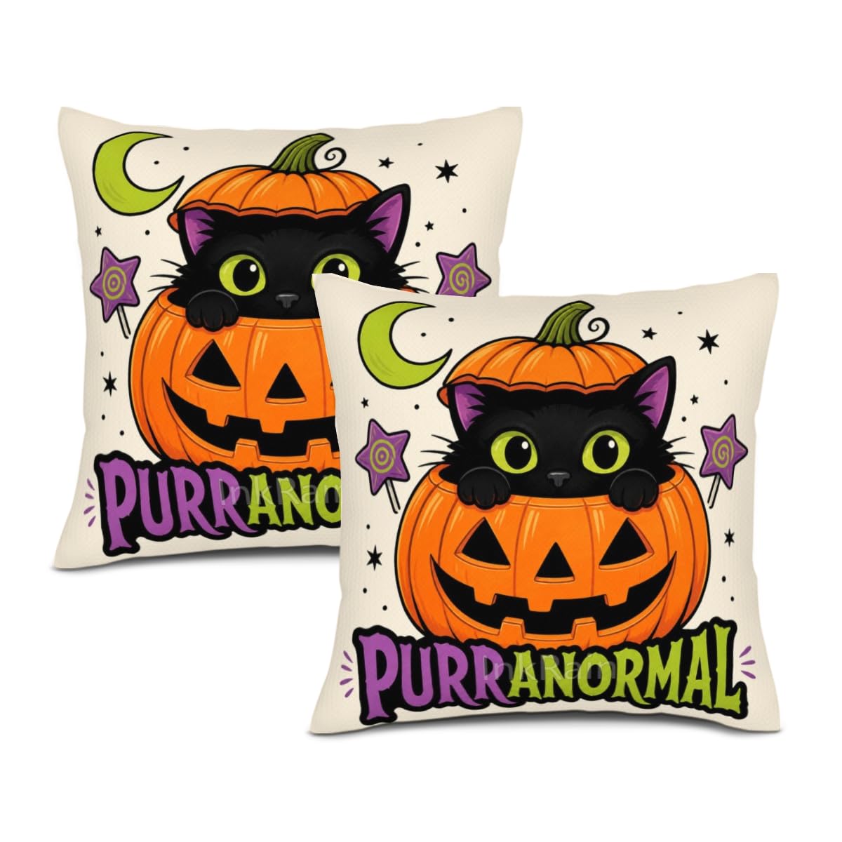 InkRain Halloween Pillow Cover Fresh Pumpkin Stack Moon Graphic Scene 26x26 Inch Set of 2 Cotton Linen Double Sided Whimsical Square Throw Cushion Case House Seat for Bay Window Seat Decor