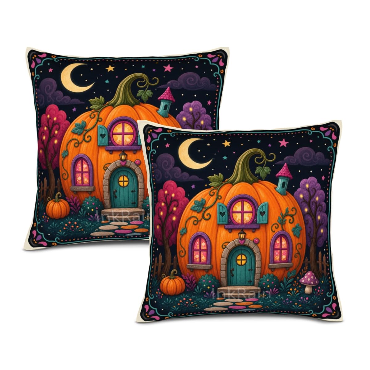 InkRain Halloween Pillow Cover Fresh Pumpkin Stack Moon Graphic Scene 26x26 Inch Set of 2 Cotton Linen Double Sided Whimsical Square Throw Cushion Case House Seat for Bay Window Seat Decor