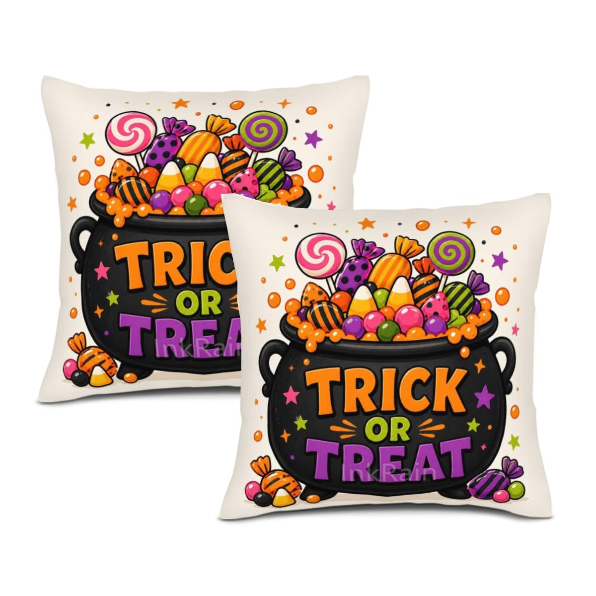 InkRain Halloween Pillow Cover Fresh Pumpkin Stack Moon Graphic Scene 26x26 Inch Set of 2 Cotton Linen Double Sided Whimsical Square Throw Cushion Case House Seat for Bay Window Seat Decor