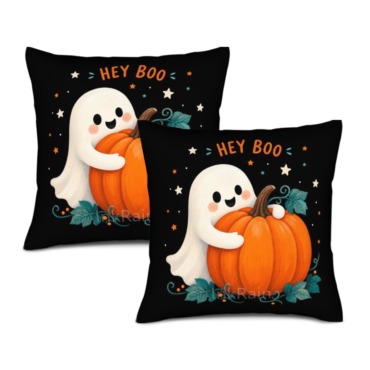 InkRain Halloween Pillow Cover Fresh Pumpkin Stack Moon Graphic Scene 26x26 Inch Set of 2 Cotton Linen Double Sided Whimsical Square Throw Cushion Case House Seat for Bay Window Seat Decor