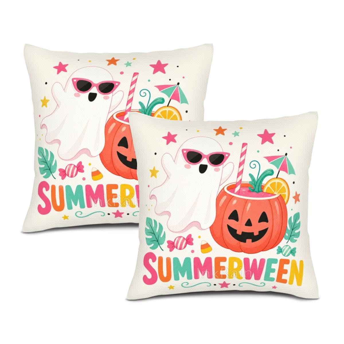 InkRain Halloween Pillow Cover Fresh Pumpkin Stack Moon Graphic Scene 26x26 Inch Set of 2 Cotton Linen Double Sided Whimsical Square Throw Cushion Case House Seat for Bay Window Seat Decor