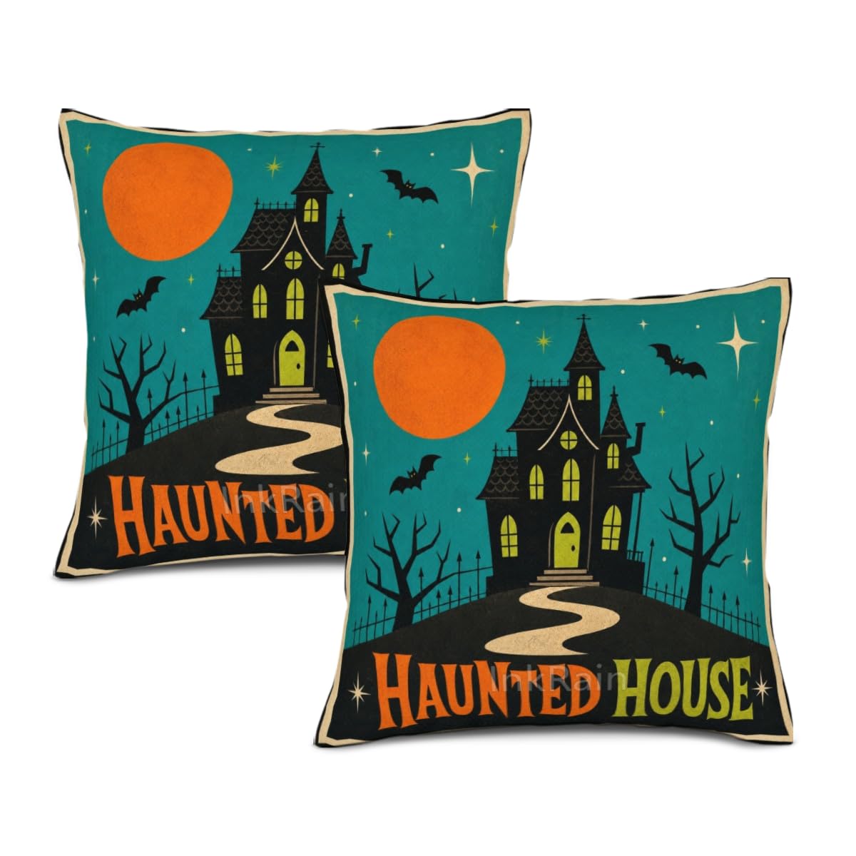 InkRain Halloween Pillow Cover Fresh Pumpkin Stack Moon Graphic Scene 26x26 Inch Set of 2 Cotton Linen Double Sided Whimsical Square Throw Cushion Case House Seat for Bay Window Seat Decor