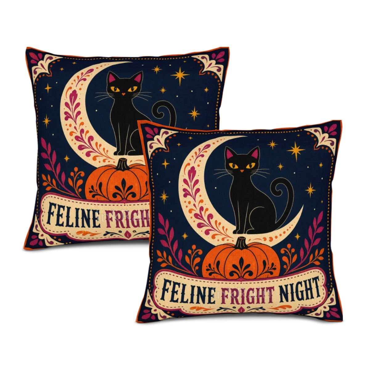 InkRain Halloween Pillow Cover Fresh Pumpkin Stack Moon Graphic Scene 26x26 Inch Set of 2 Cotton Linen Double Sided Whimsical Square Throw Cushion Case House Seat for Bay Window Seat Decor