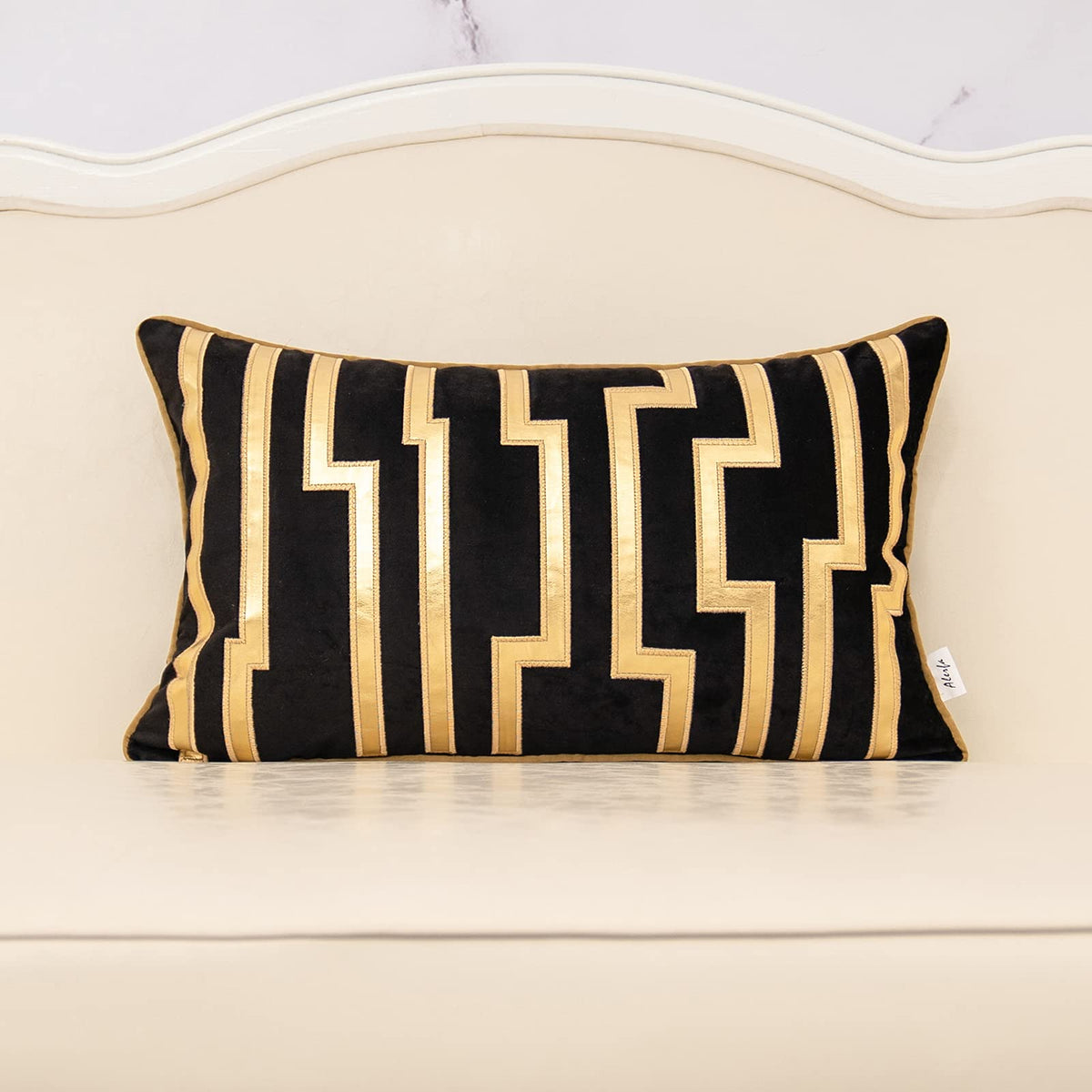 Alerfa Geometric Gold Leather Striped Throw Pillow Cover 12x20 Inch, Luxury Velvet Embroidered Decorative Lumbar Pillow Cover for Couch Living Room Bedroom, Gray