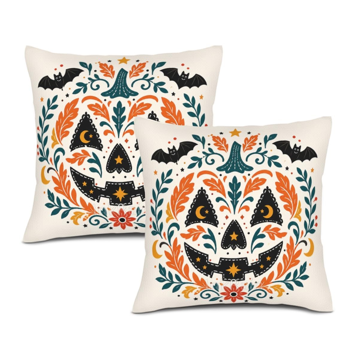 InkRain Halloween Pillow Cover Fresh Pumpkin Stack Moon Graphic Scene 26x26 Inch Set of 2 Cotton Linen Double Sided Whimsical Square Throw Cushion Case House Seat for Bay Window Seat Decor