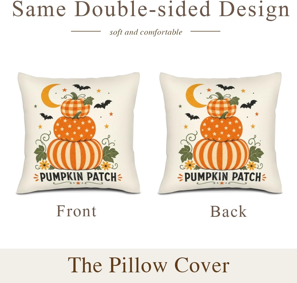 InkRain Halloween Pillow Cover Fresh Pumpkin Stack Moon Graphic Scene 26x26 Inch Set of 2 Cotton Linen Double Sided Whimsical Square Throw Cushion Case House Seat for Bay Window Seat Decor