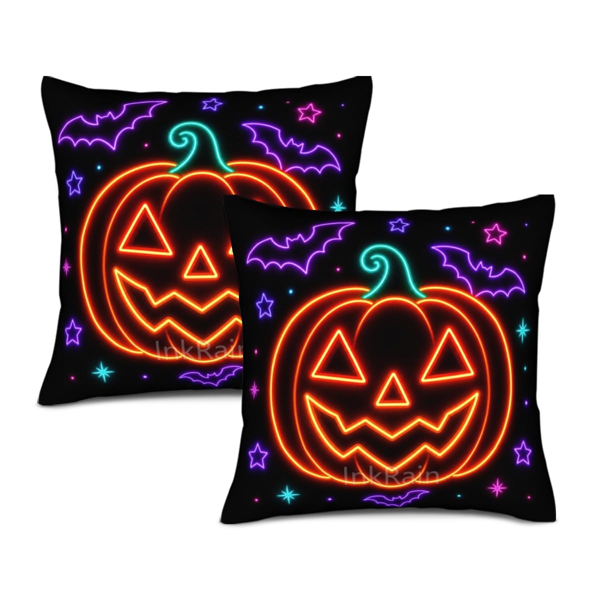 InkRain Halloween Pillow Cover Fresh Pumpkin Stack Moon Graphic Scene 26x26 Inch Set of 2 Cotton Linen Double Sided Whimsical Square Throw Cushion Case House Seat for Bay Window Seat Decor