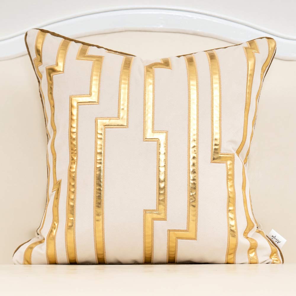 Alerfa Geometric Gold Leather Striped Throw Pillow Cover 12x20 Inch, Luxury Velvet Embroidered Decorative Lumbar Pillow Cover for Couch Living Room Bedroom, Gray