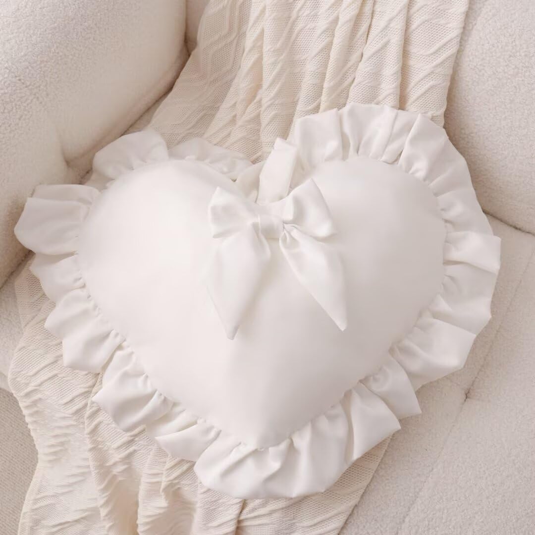 Heart Ruffled Throw Pillow,Satin Heart Throw Pillow Bow Pillows Wedding Gifts Pillows Decorative Cushion for Sofa Bed Bay Window 20×16 inch,White