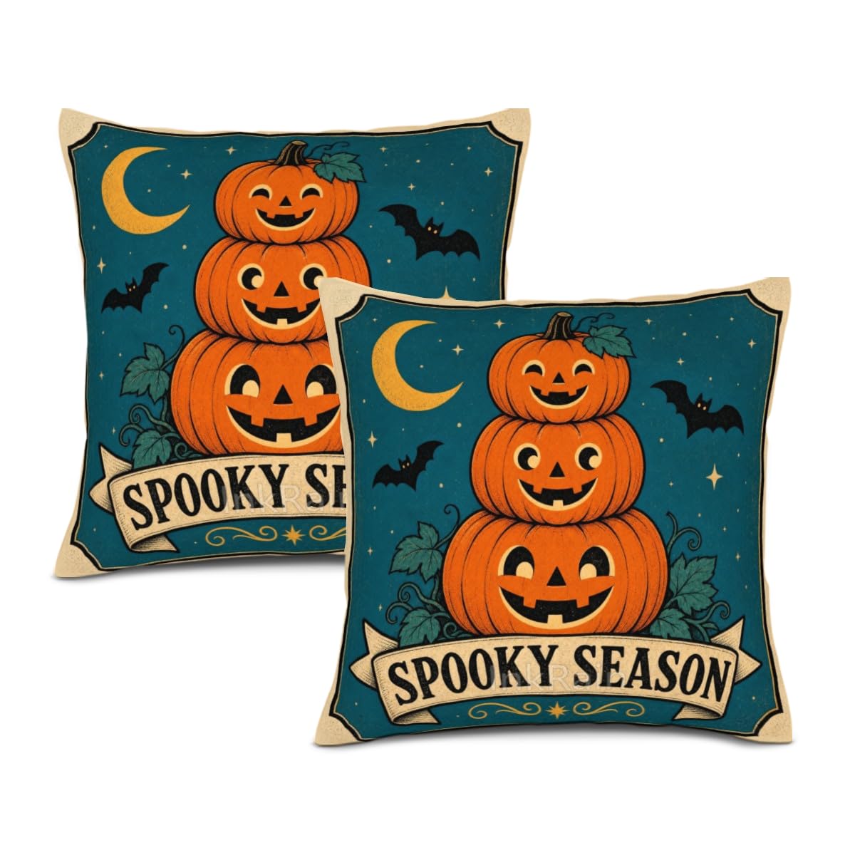 InkRain Halloween Pillow Cover Fresh Pumpkin Stack Moon Graphic Scene 26x26 Inch Set of 2 Cotton Linen Double Sided Whimsical Square Throw Cushion Case House Seat for Bay Window Seat Decor