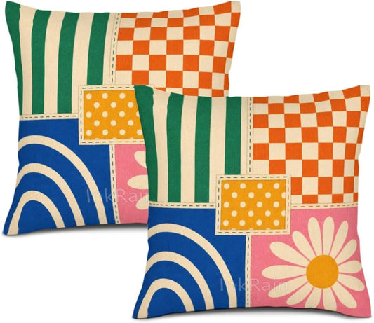 InkRain Patchwork Pillow Cover Airy Checker Stripe Quilt Fabric Geometric Floral Blocks 28x28 Inch Set of 2 Cotton Linen Double Sided Cottage Indoor Accent for Bay Window Seat Decor