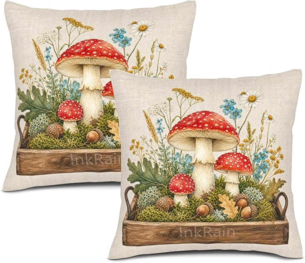 InkRain Farmhouse Harvest Pillow Cover Simple Mushroom Planter Scene 26x26 Inch Set of 2 Cotton Linen Double Sided Country Square Throw Cushion Case Indoor Accent for Bay Window Seat Decor