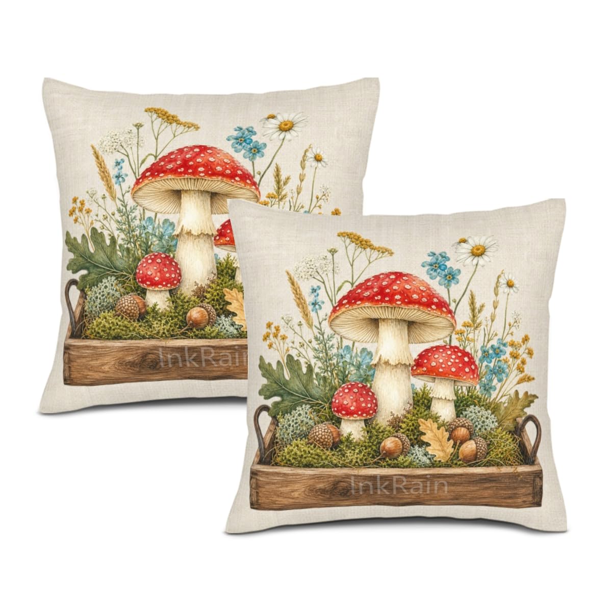 InkRain Farmhouse Harvest Pillow Cover Simple Mushroom Planter Scene 26x26 Inch Set of 2 Cotton Linen Double Sided Country Square Throw Cushion Case Indoor Accent for Bay Window Seat Decor