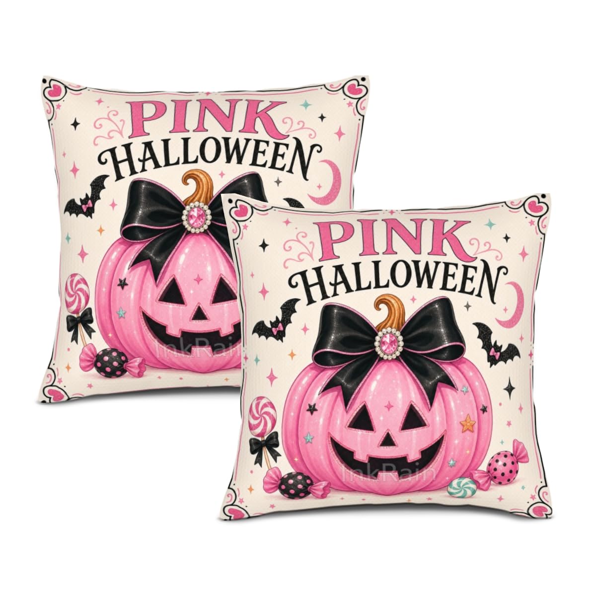 InkRain Halloween Pillow Cover Fresh Pumpkin Stack Moon Graphic Scene 26x26 Inch Set of 2 Cotton Linen Double Sided Whimsical Square Throw Cushion Case House Seat for Bay Window Seat Decor