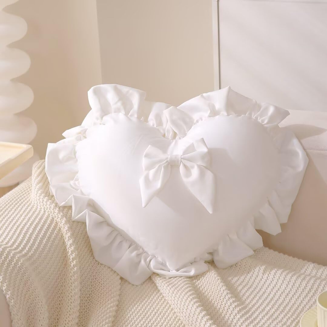 Heart Ruffled Throw Pillow,Satin Heart Throw Pillow Bow Pillows Wedding Gifts Pillows Decorative Cushion for Sofa Bed Bay Window 20×16 inch,White