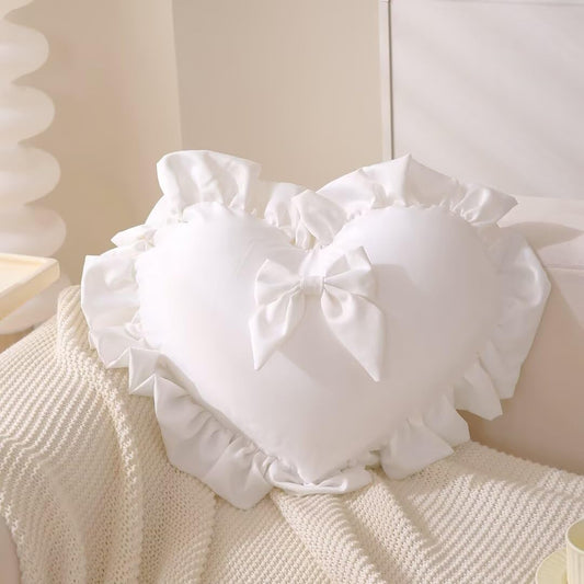 Heart Ruffled Throw Pillow,Satin Heart Throw Pillow Bow Pillows Wedding Gifts Pillows Decorative Cushion for Sofa Bed Bay Window 20×16 inch,White