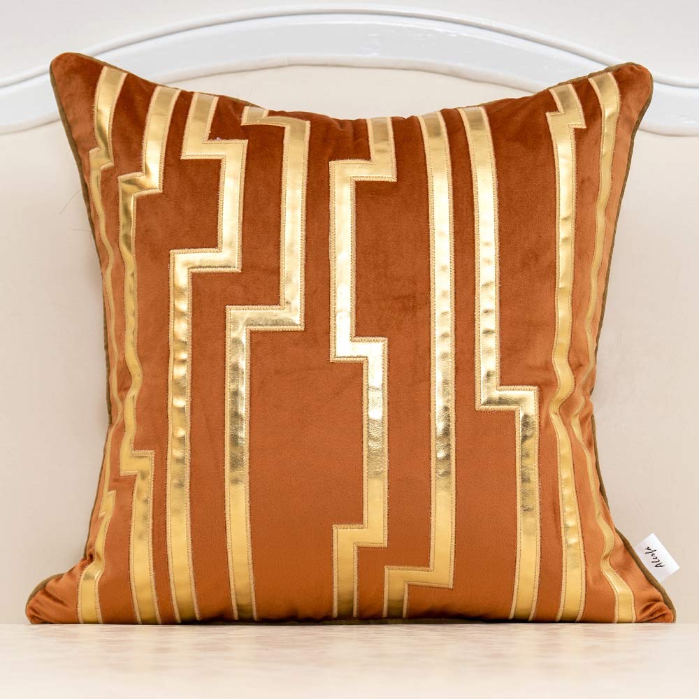 Alerfa Geometric Gold Leather Striped Throw Pillow Cover 12x20 Inch, Luxury Velvet Embroidered Decorative Lumbar Pillow Cover for Couch Living Room Bedroom, Gray