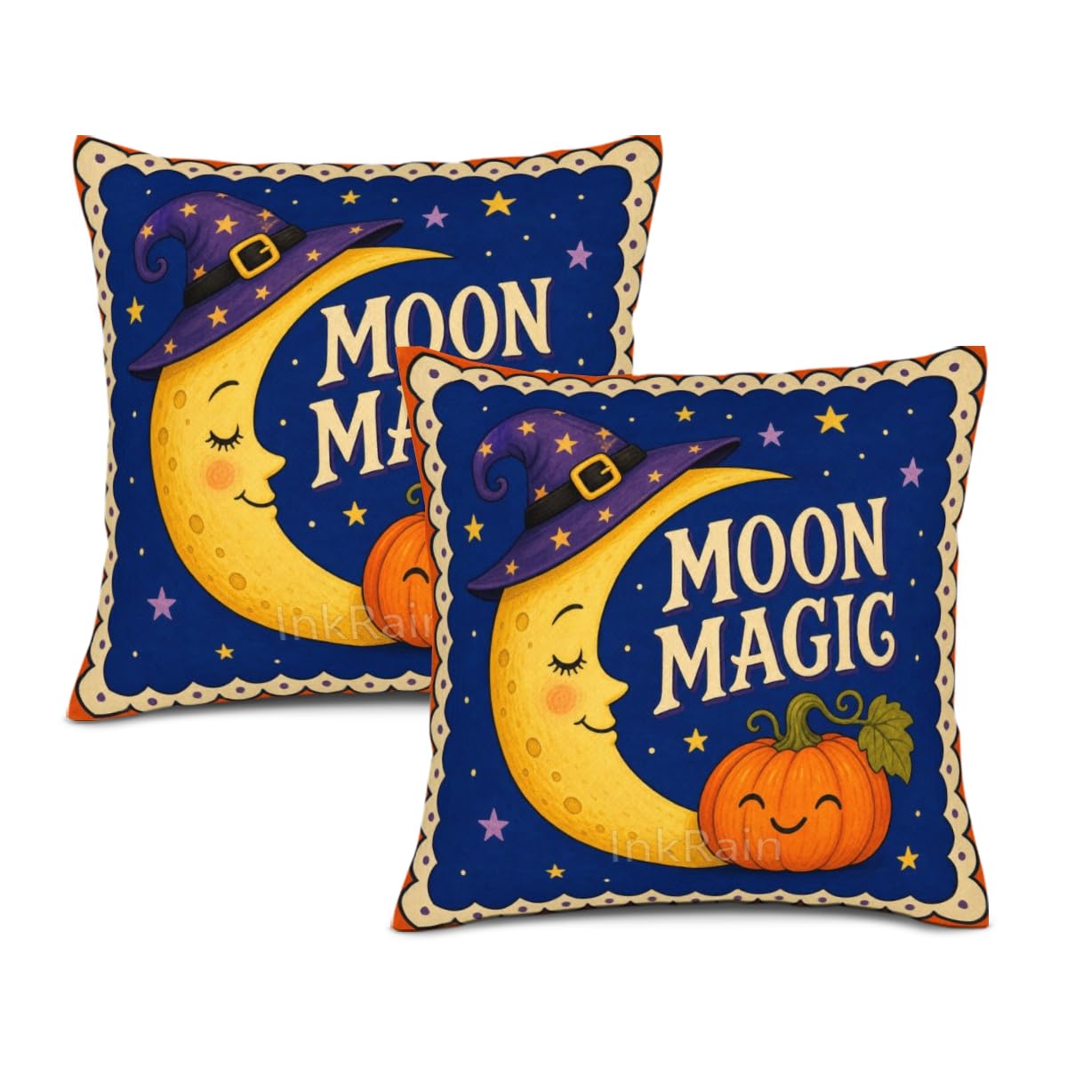 InkRain Halloween Pillow Cover Fresh Pumpkin Stack Moon Graphic Scene 26x26 Inch Set of 2 Cotton Linen Double Sided Whimsical Square Throw Cushion Case House Seat for Bay Window Seat Decor