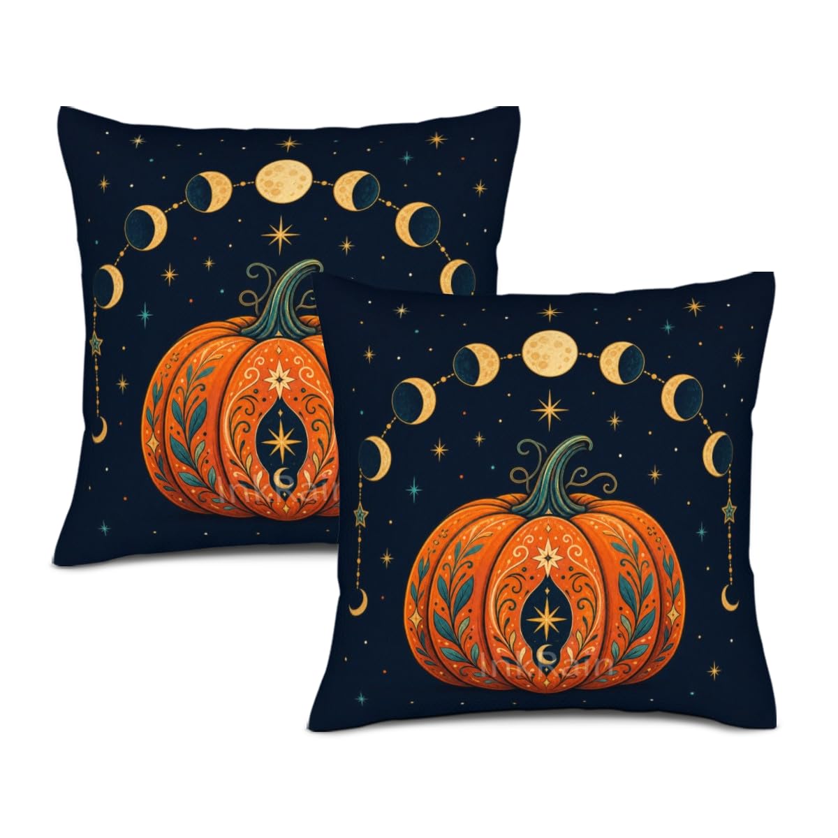 InkRain Halloween Pillow Cover Fresh Pumpkin Stack Moon Graphic Scene 26x26 Inch Set of 2 Cotton Linen Double Sided Whimsical Square Throw Cushion Case House Seat for Bay Window Seat Decor