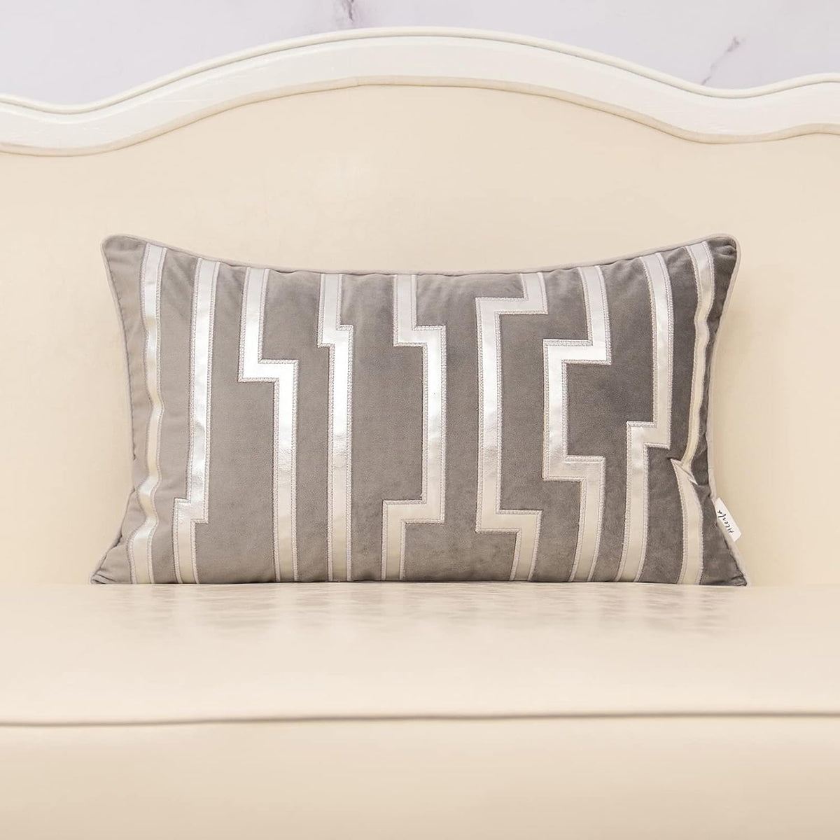 Alerfa Geometric Gold Leather Striped Throw Pillow Cover 12x20 Inch, Luxury Velvet Embroidered Decorative Lumbar Pillow Cover for Couch Living Room Bedroom, Gray