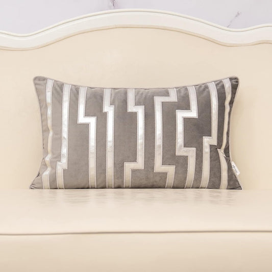 Alerfa Geometric Gold Leather Striped Throw Pillow Cover 12x20 Inch, Luxury Velvet Embroidered Decorative Lumbar Pillow Cover for Couch Living Room Bedroom, Gray