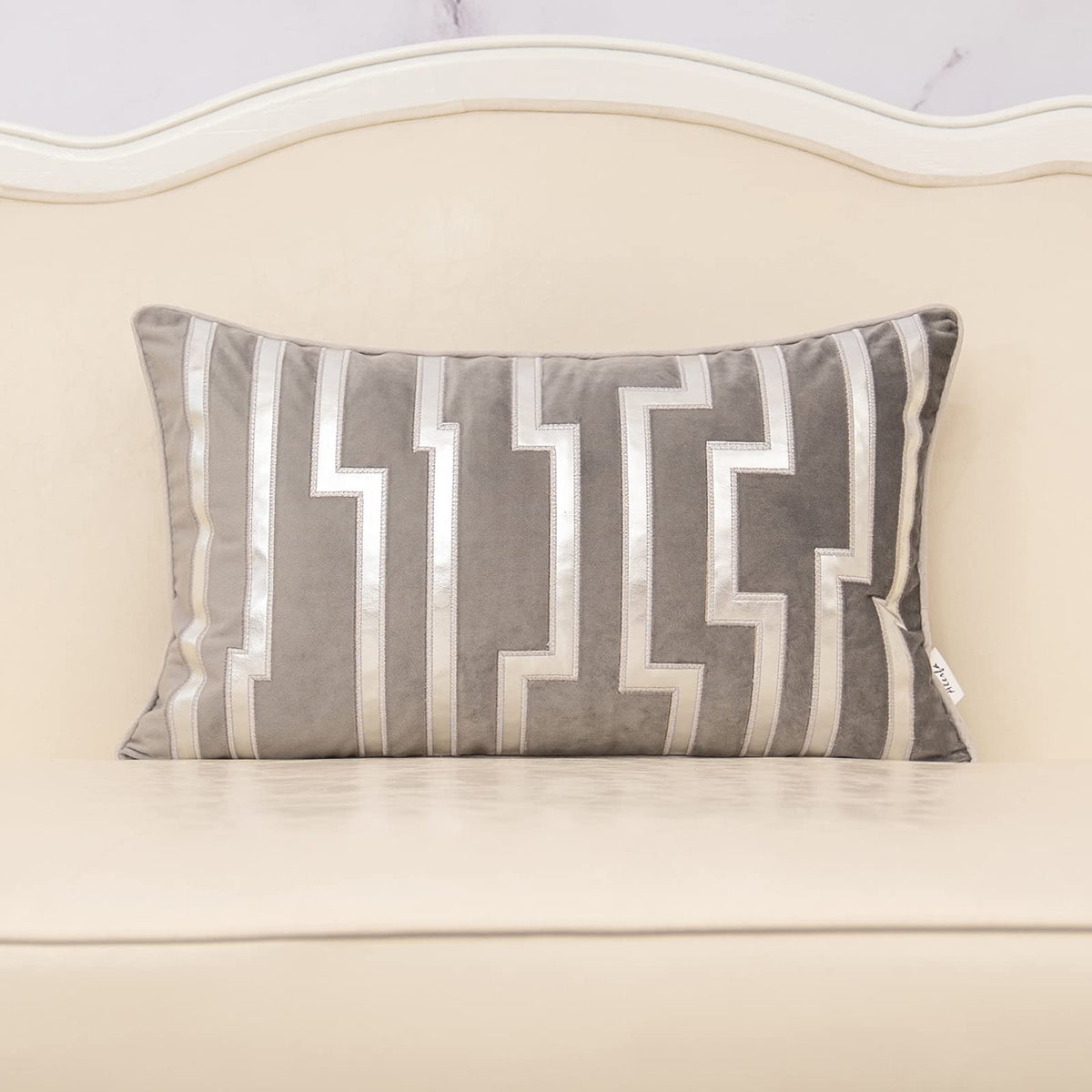Alerfa Geometric Gold Leather Striped Throw Pillow Cover 12x20 Inch, Luxury Velvet Embroidered Decorative Lumbar Pillow Cover for Couch Living Room Bedroom, Gray