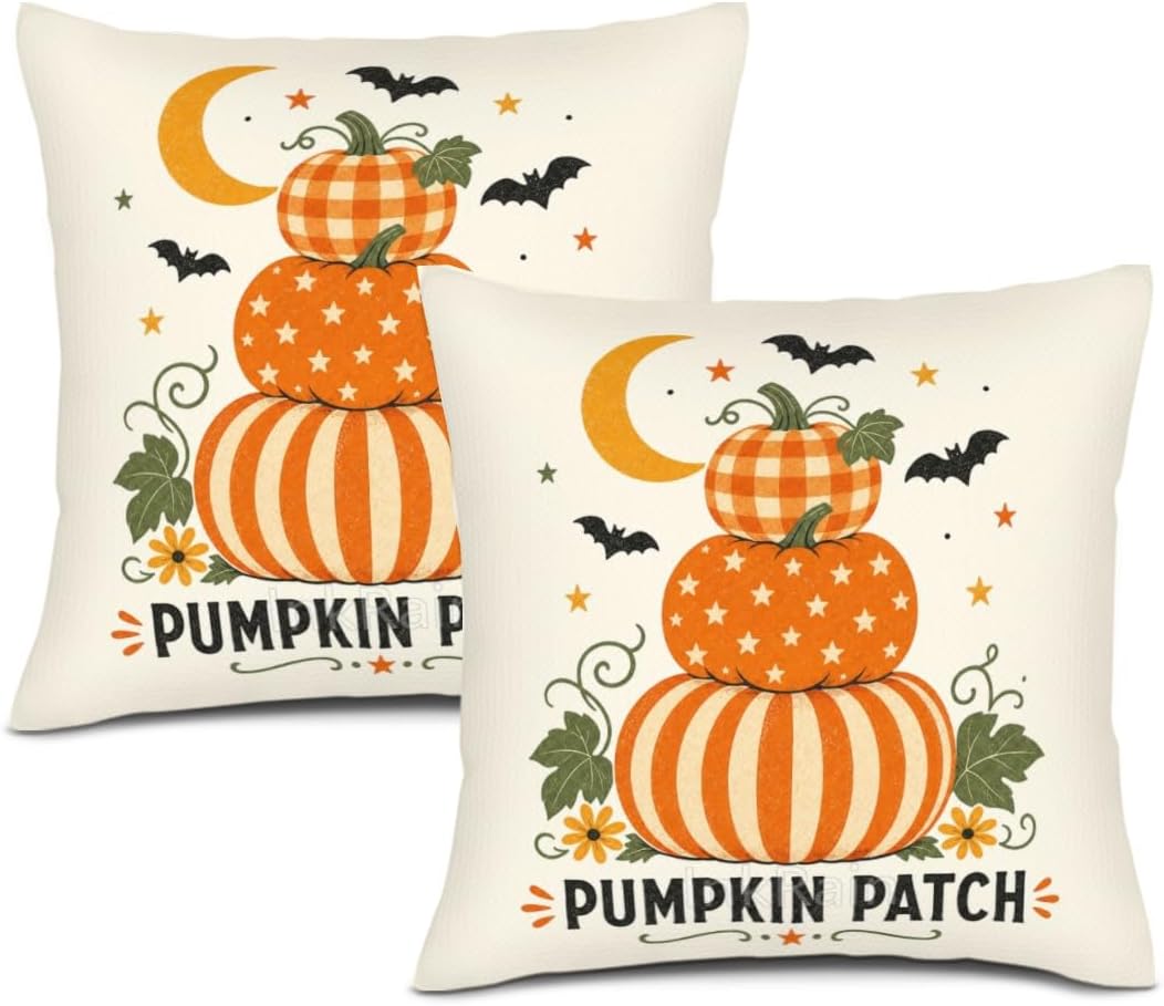 InkRain Halloween Pillow Cover Fresh Pumpkin Stack Moon Graphic Scene 26x26 Inch Set of 2 Cotton Linen Double Sided Whimsical Square Throw Cushion Case House Seat for Bay Window Seat Decor