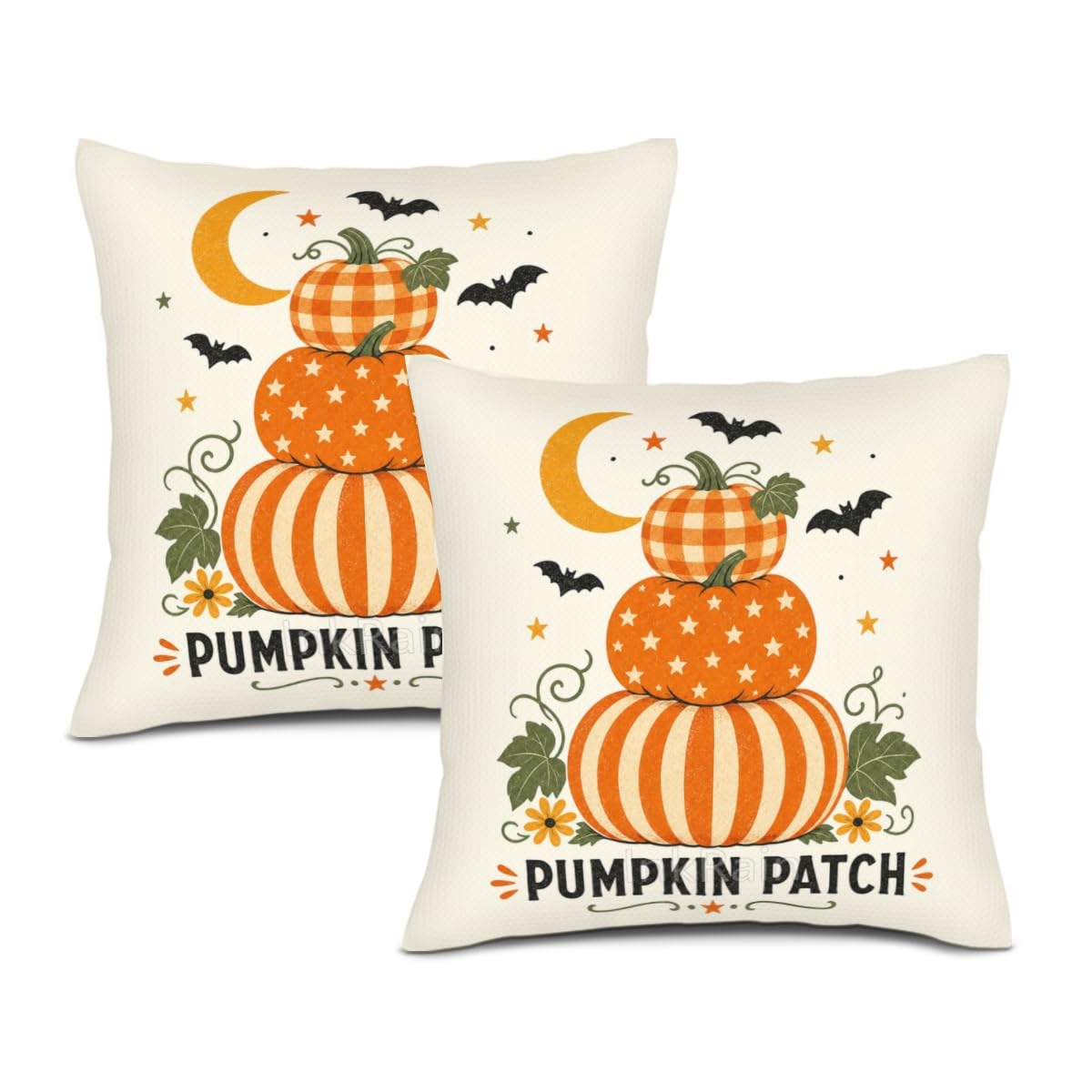InkRain Halloween Pillow Cover Fresh Pumpkin Stack Moon Graphic Scene 26x26 Inch Set of 2 Cotton Linen Double Sided Whimsical Square Throw Cushion Case House Seat for Bay Window Seat Decor